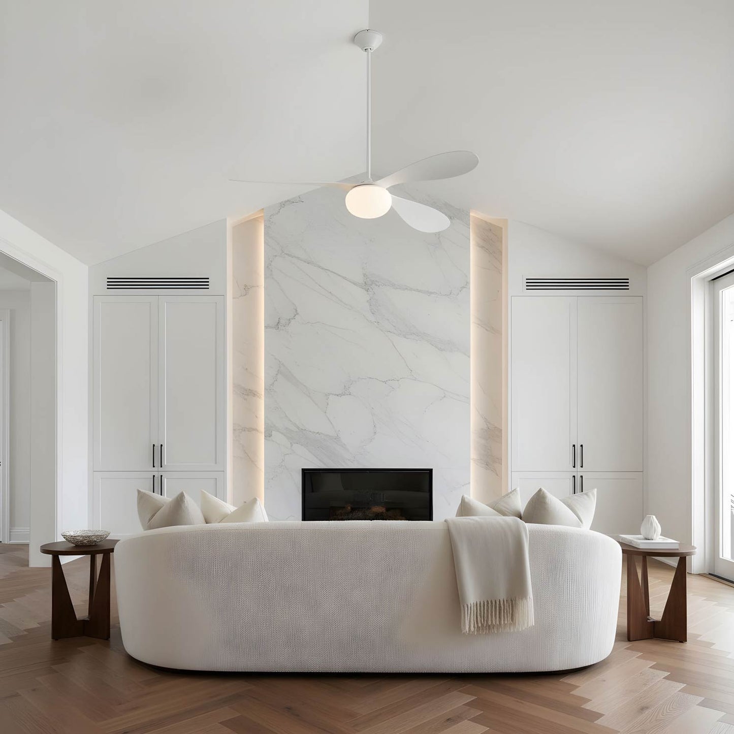 Drape Smart Outdoor LED Ceiling Fan in living room.