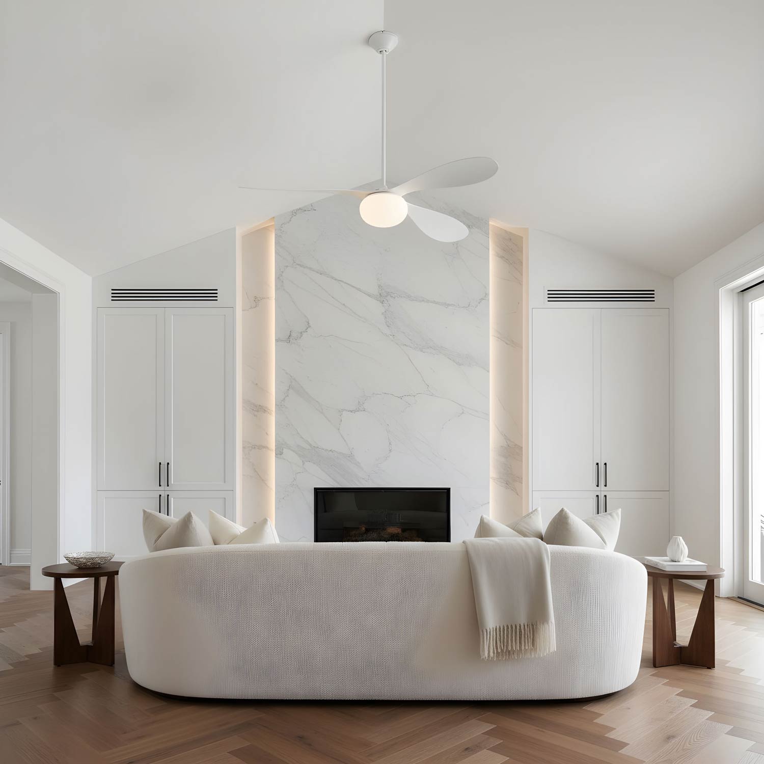 Drape Smart Outdoor LED Ceiling Fan in living room.