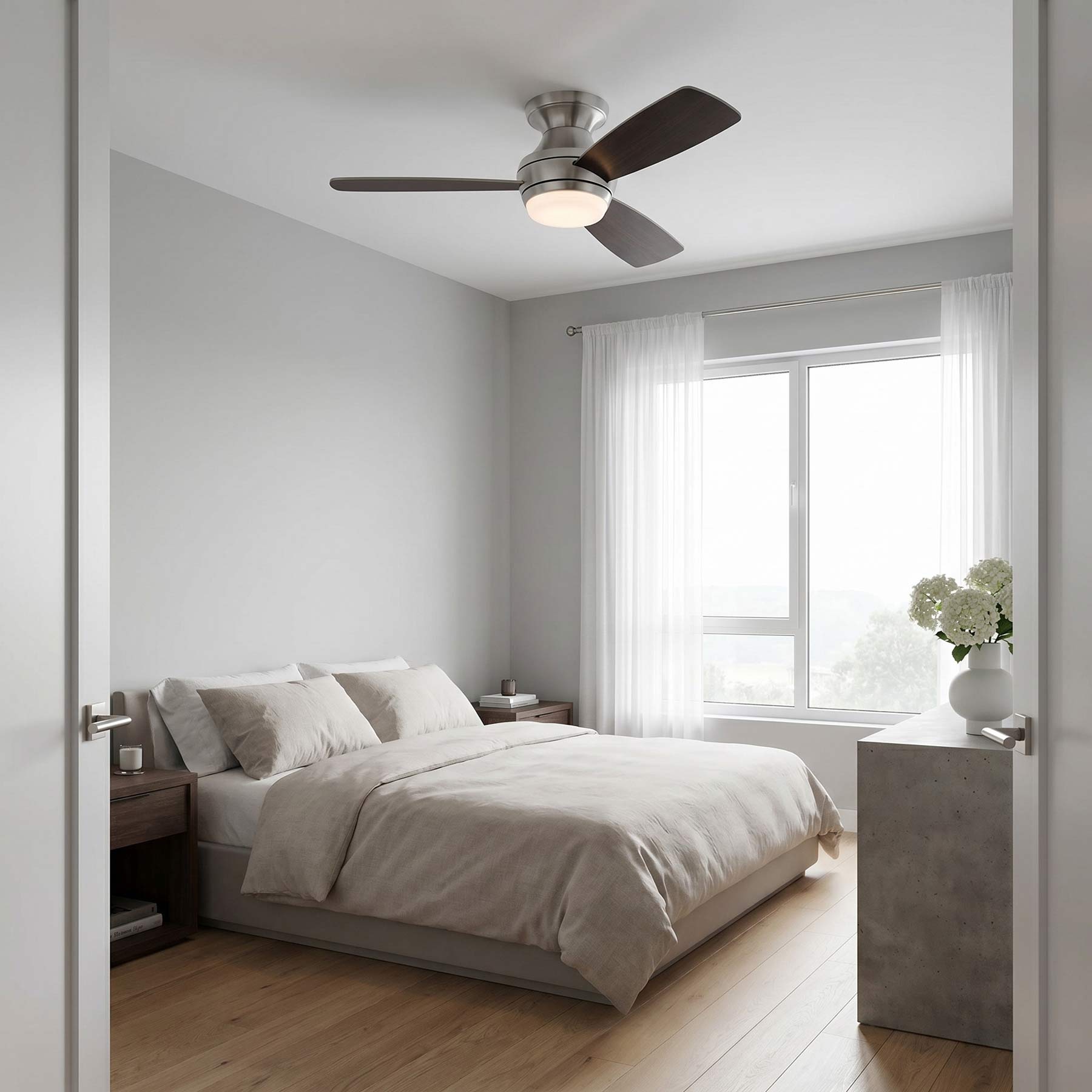 Ikon Hugger LED Ceiling Fan in bedroom.