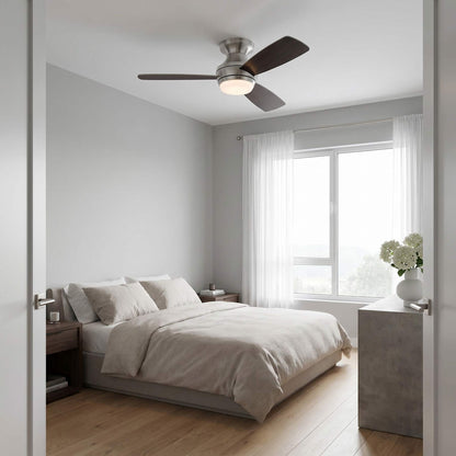 Ikon Hugger LED Ceiling Fan in bedroom.