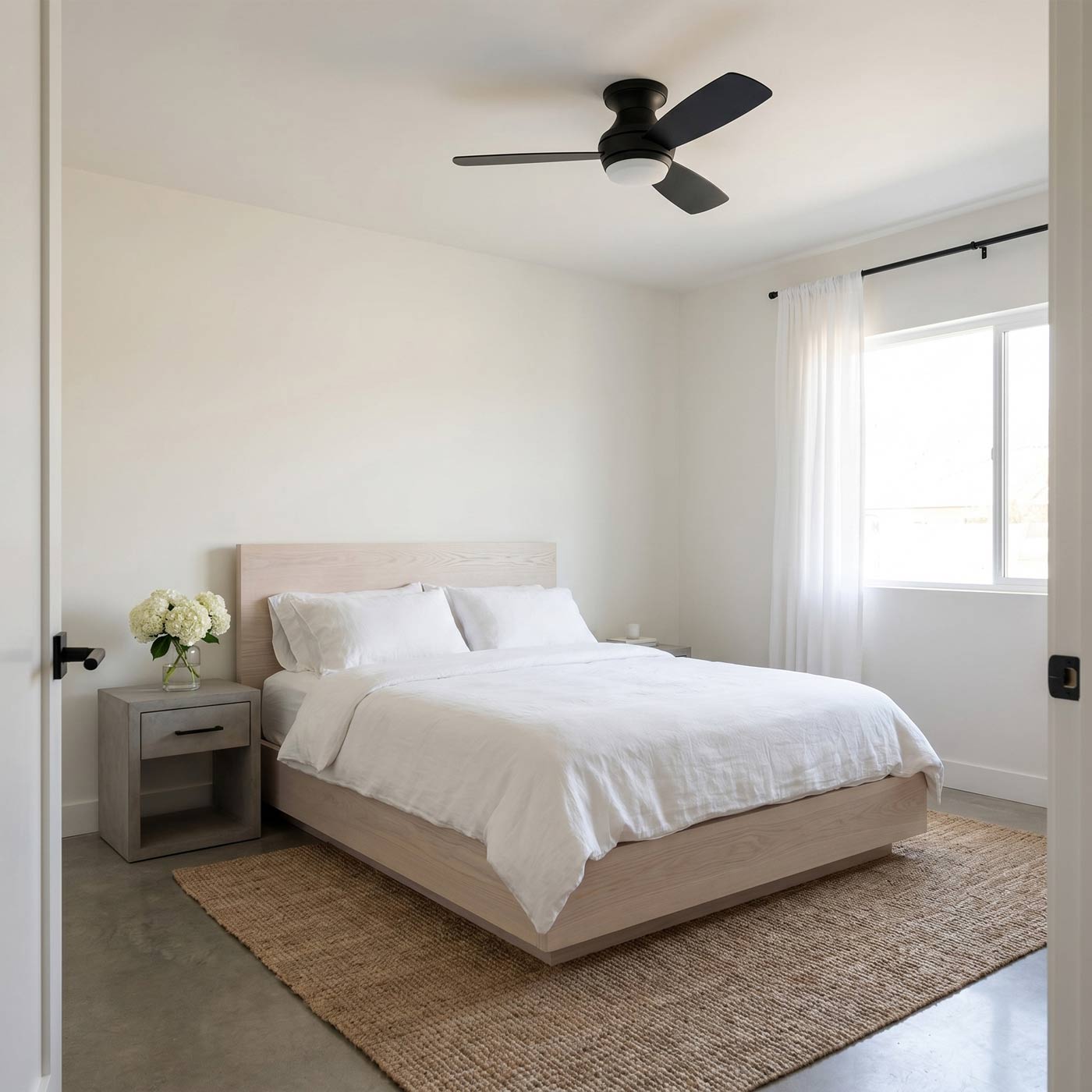 Ikon Hugger LED Ceiling Fan in bedroom.