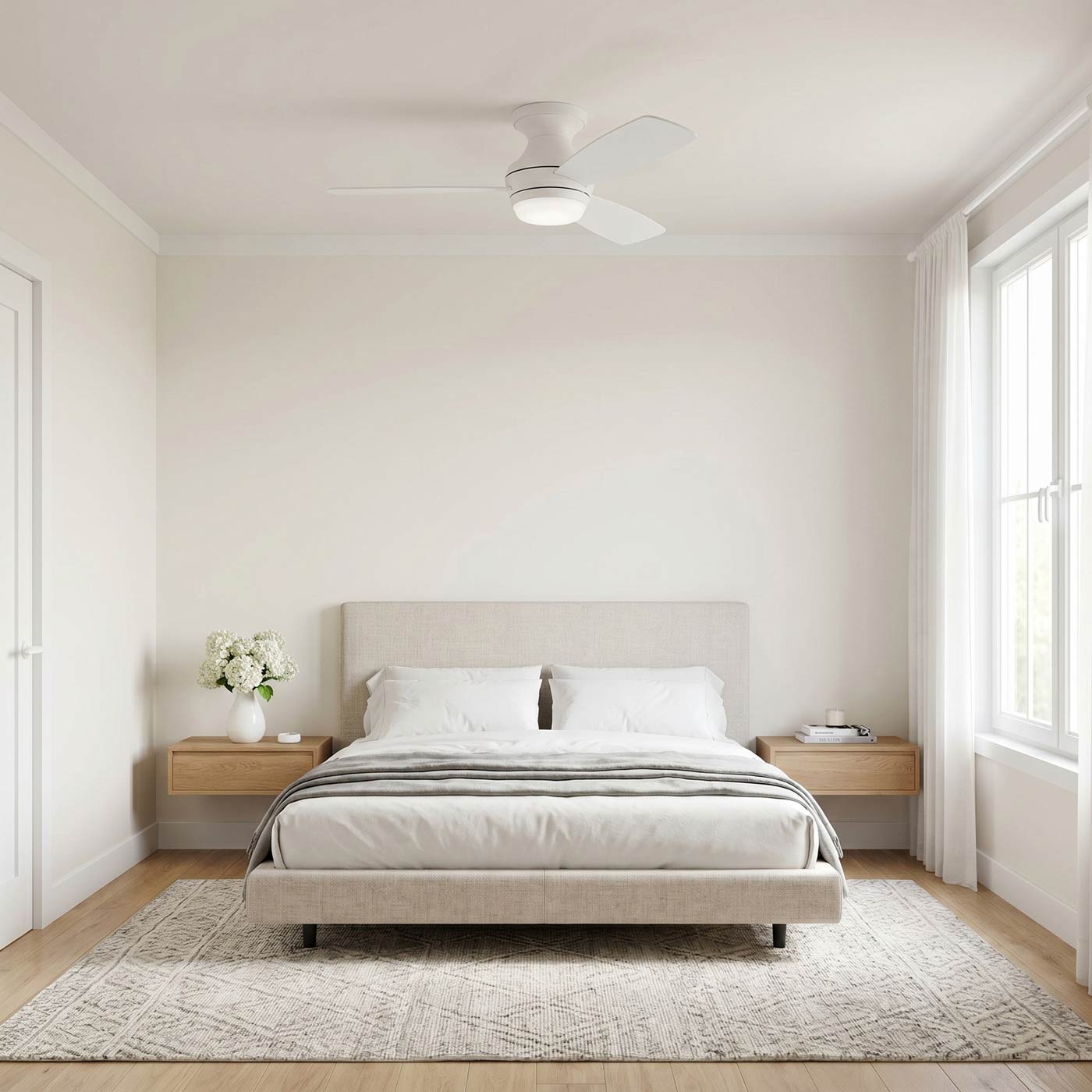 Ikon Hugger LED Ceiling Fan in bedroom.