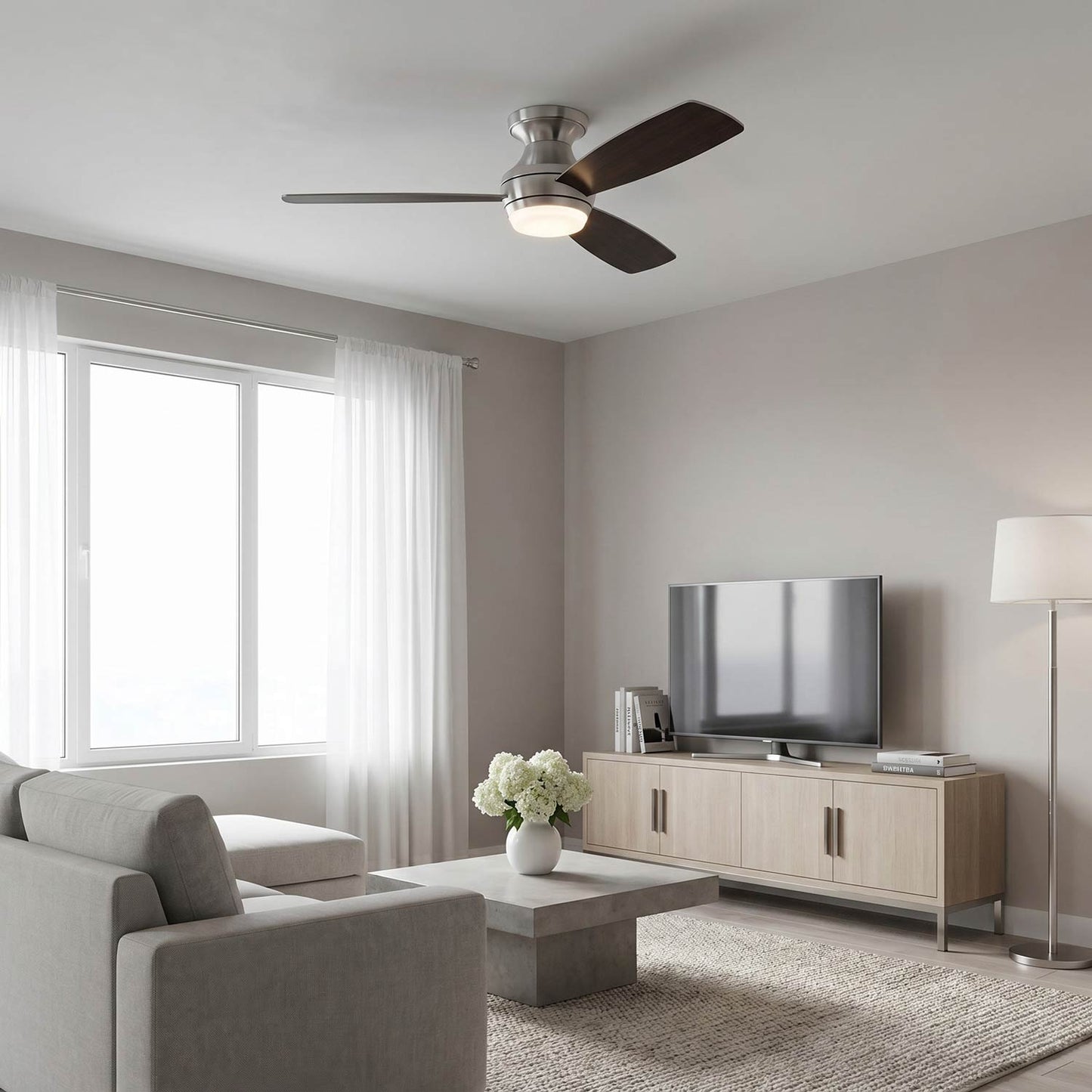 Ikon Hugger LED Ceiling Fan in living room.