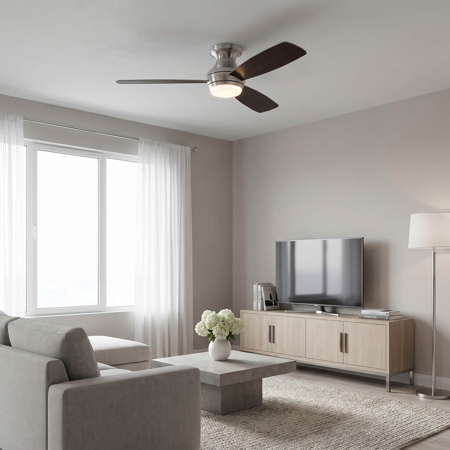 Ikon Hugger LED Ceiling Fan in living room.