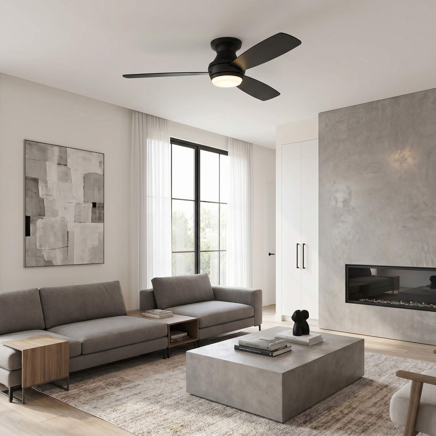 Ikon Hugger LED Ceiling Fan in living room.