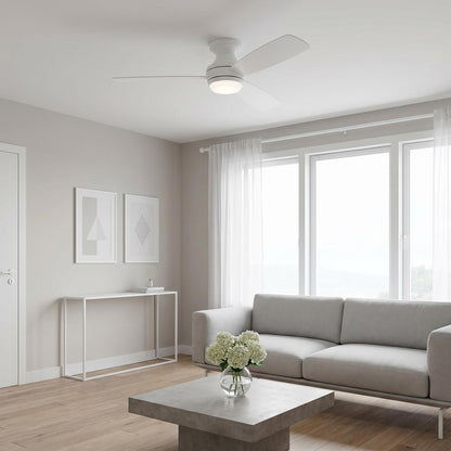 Ikon Hugger LED Ceiling Fan in living room.