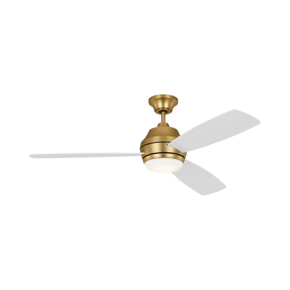 Ikon Outdoor LED Ceiling Fan in Burnished Brass/Matte White.