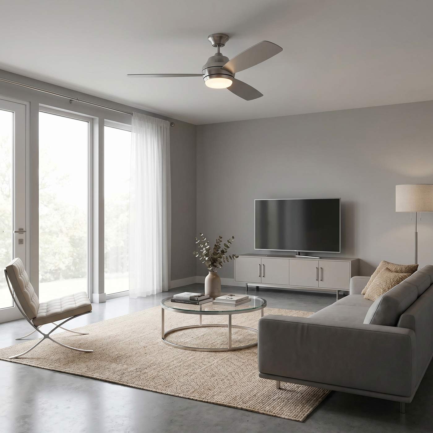 Ikon Outdoor LED Ceiling Fan in living room.