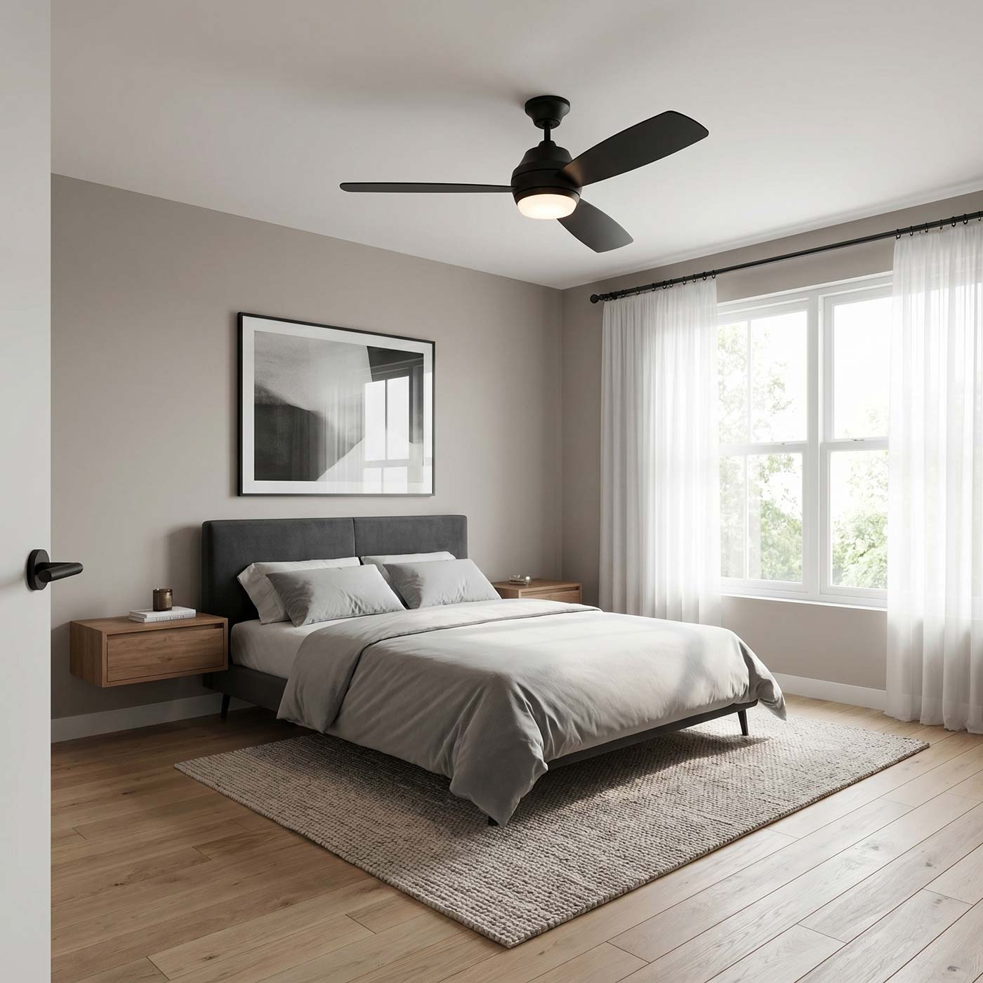 Ikon Outdoor LED Ceiling Fan in bedroom.