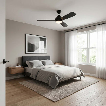 Ikon Outdoor LED Ceiling Fan in bedroom.