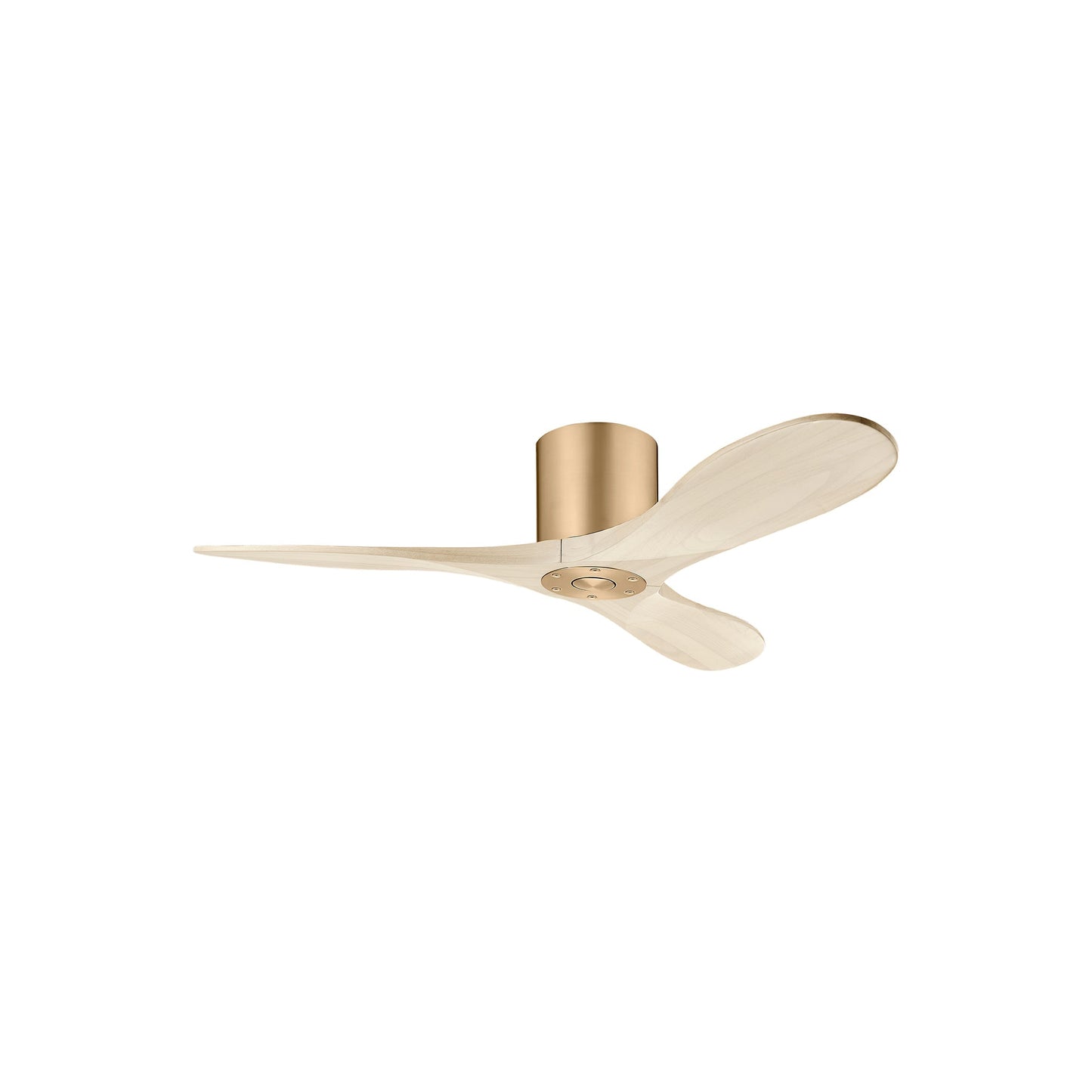 Maverick Smart Hugger Ceiling Fan in Burnished Brass/Washed White Oak (44-Inch/Light Kit not included).