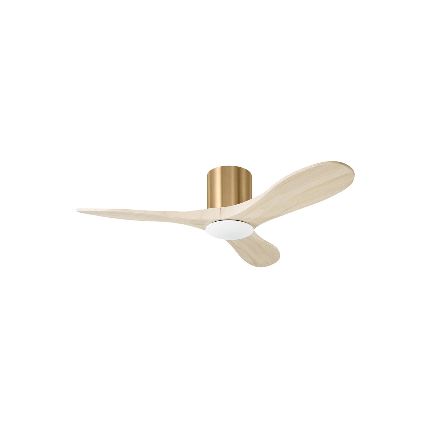 Maverick Smart Hugger Ceiling Fan in Burnished Brass/Washed White Oak (44-Inch/Light Kit included).