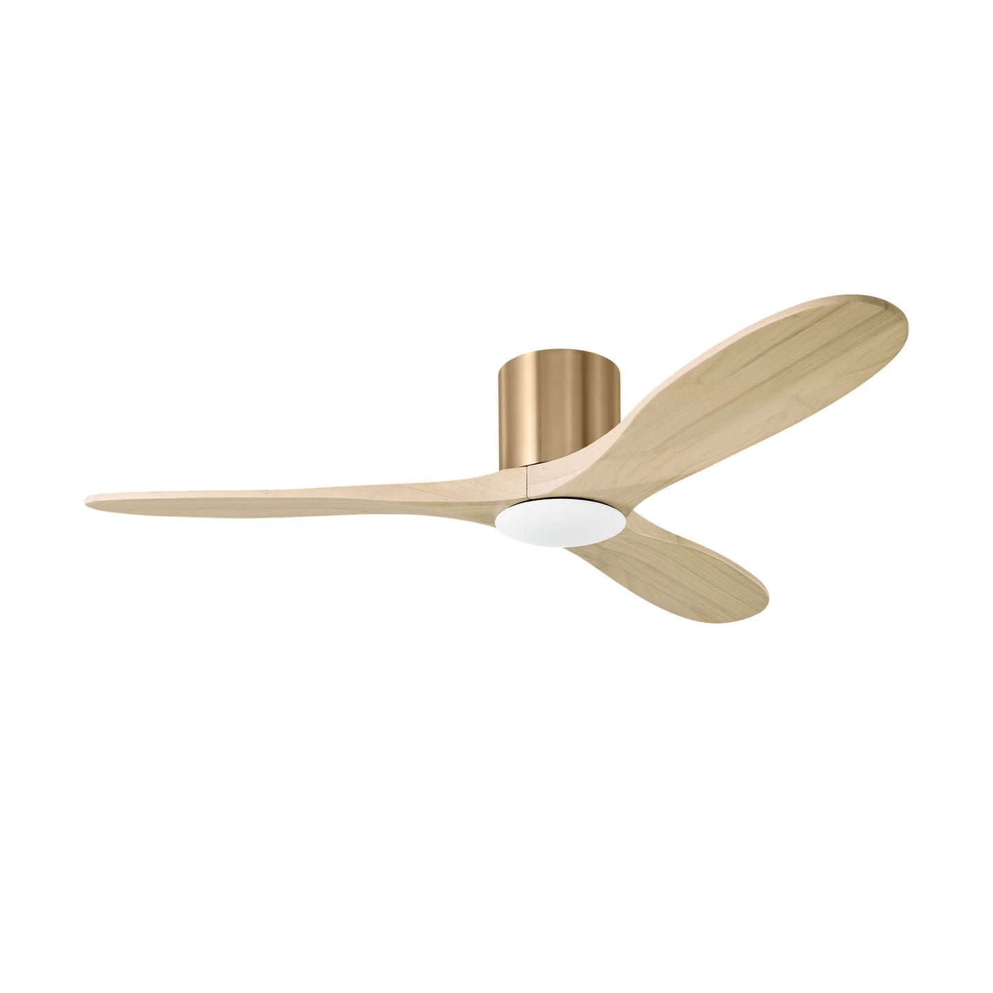 Maverick Smart Hugger Ceiling Fan in Burnished Brass/Washed White Oak (52-Inch/Light Kit included).