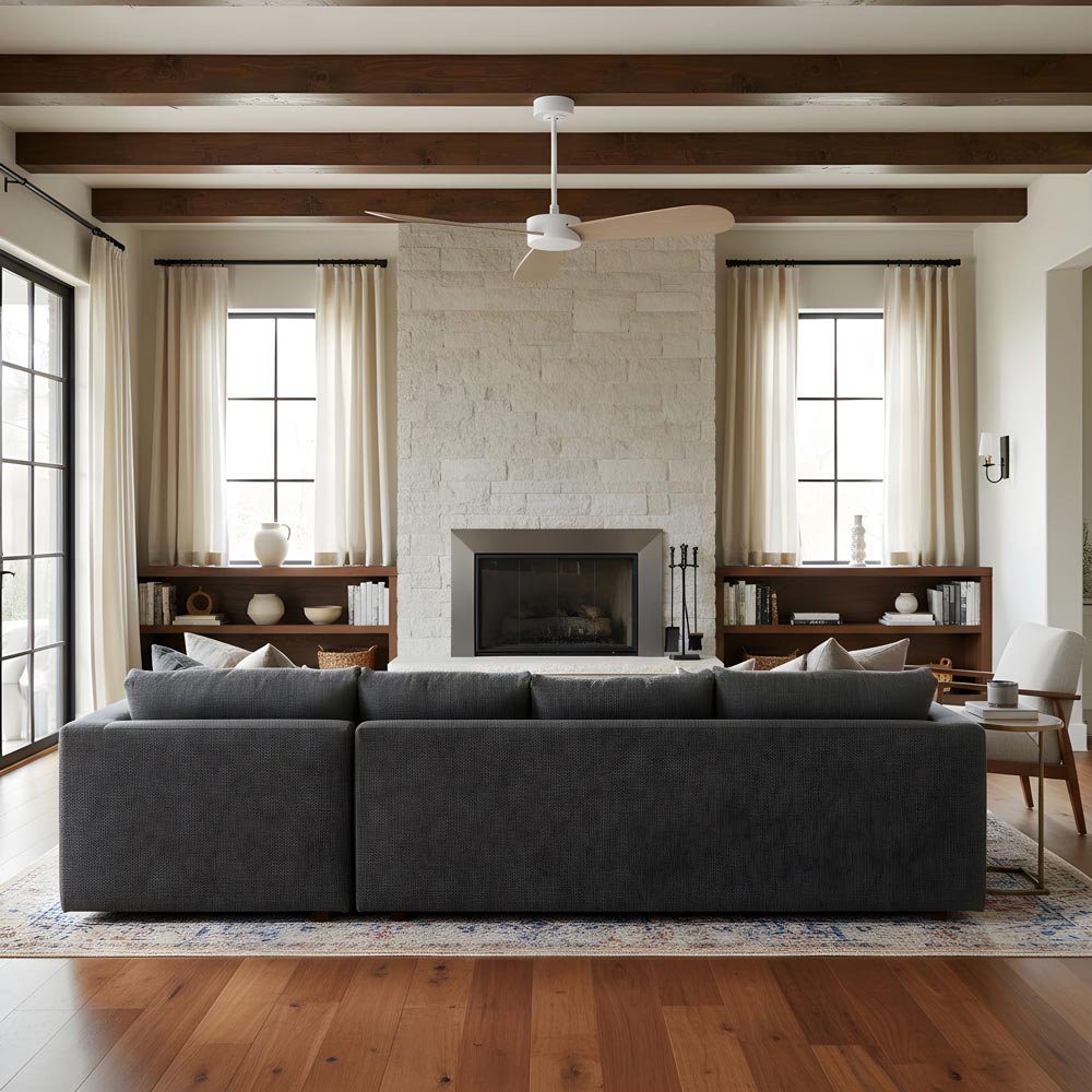 Paddle Smart Outdoor Ceiling Fan in living room.