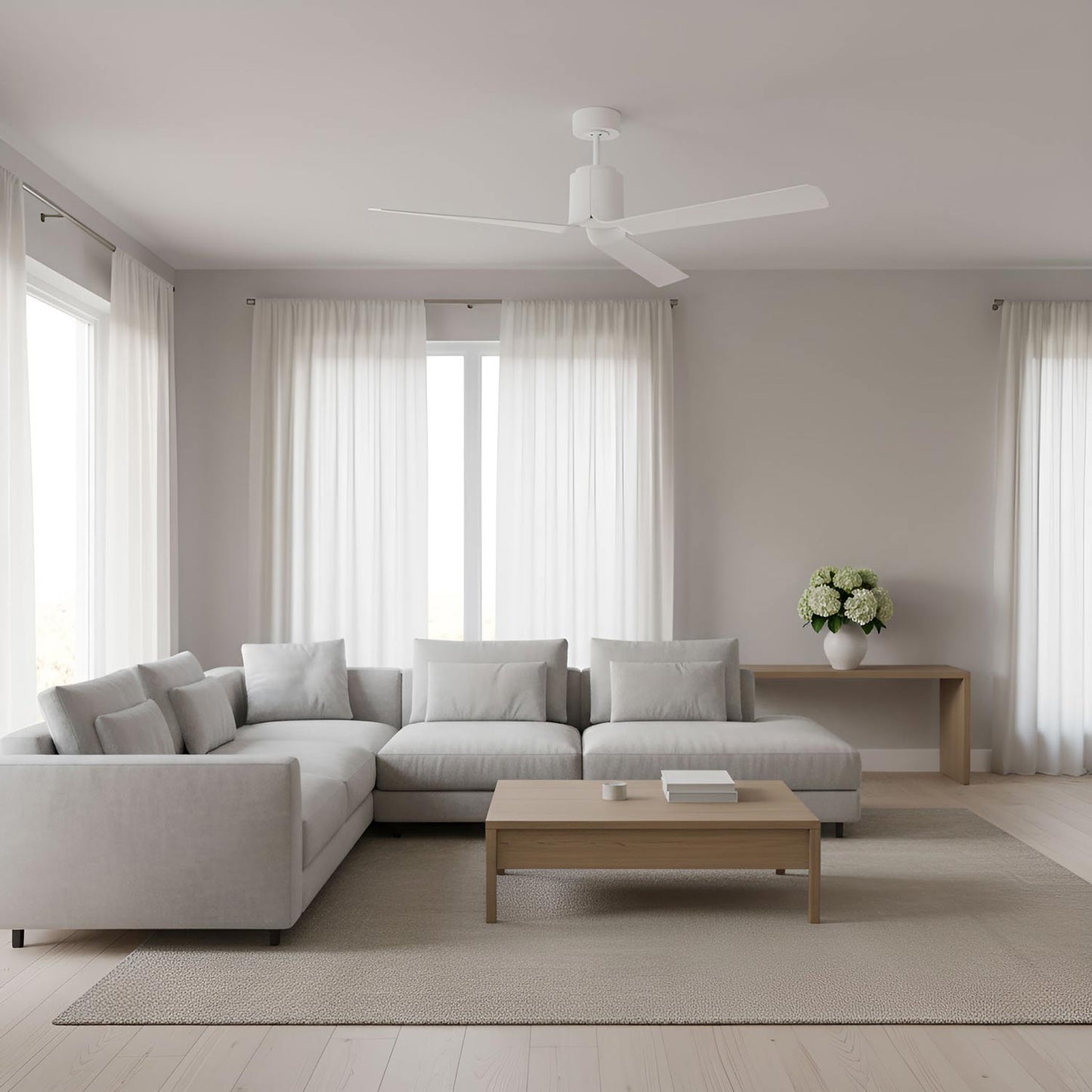 Peel Smart Outdoor LED Ceiling Fan in living room.