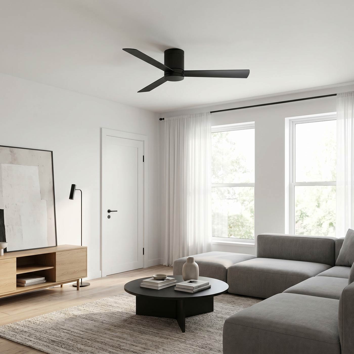 Rozzen Hugger Outdoor Ceiling Fan in living room.