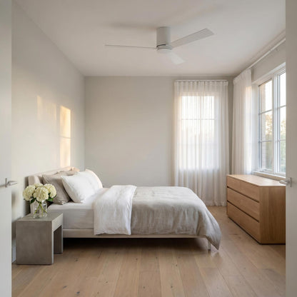 Rozzen Hugger Outdoor Ceiling Fan in bedroom.