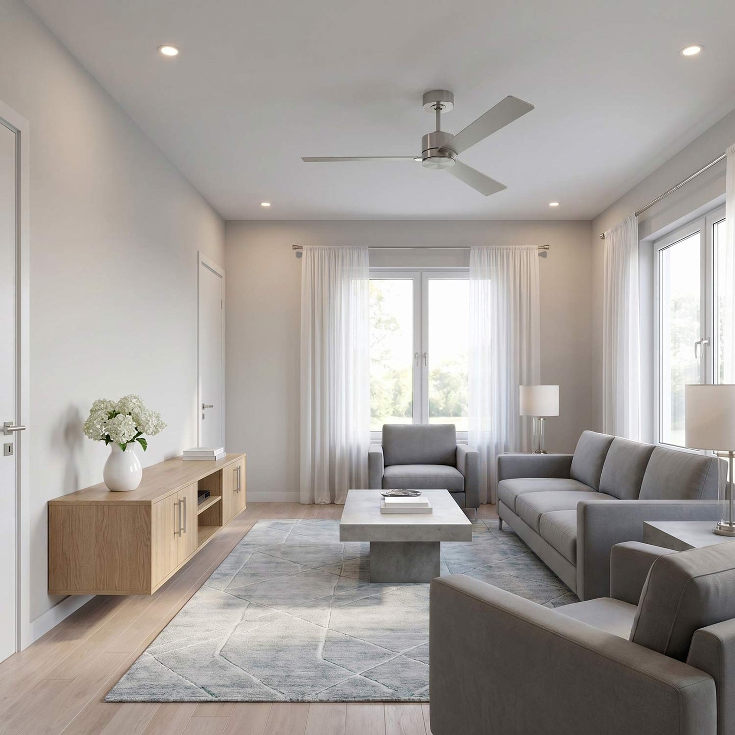 Rozzen Indoor / Outdoor Ceiling Fan in living room.