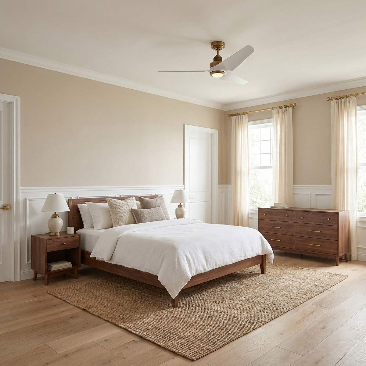 Ruhlmann Smart Indoor / Outdoor Ceiling Fan in bedroom.