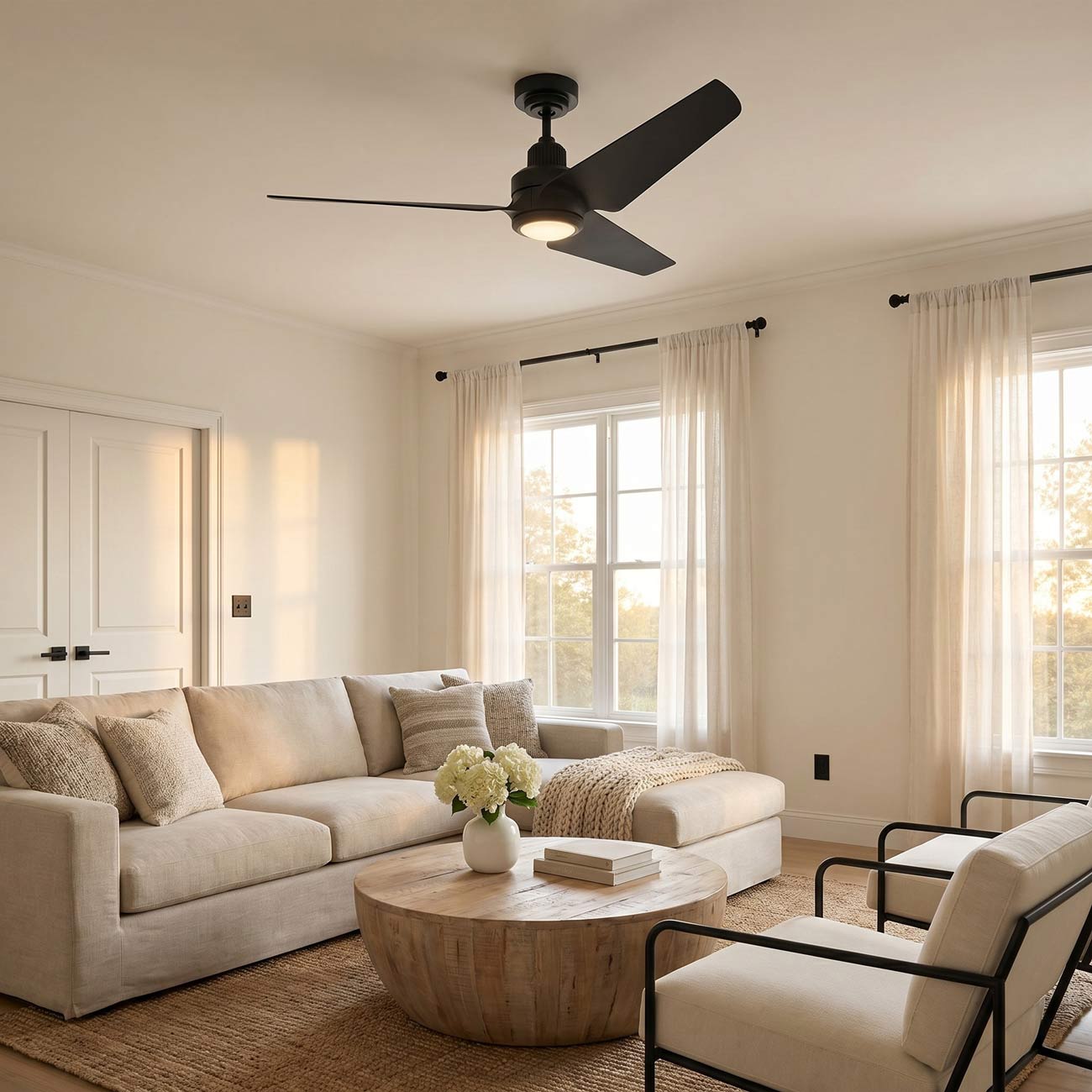 Ruhlmann Smart Indoor / Outdoor Ceiling Fan in living room.