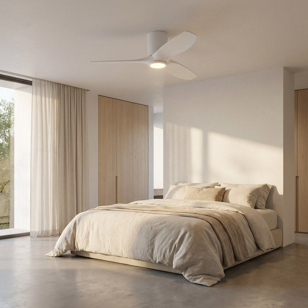 Seyra Smart Hugger LED Ceiling Fan in bedroom.