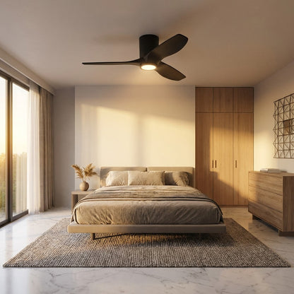 Seyra Smart Hugger LED Ceiling Fan in bedroom.