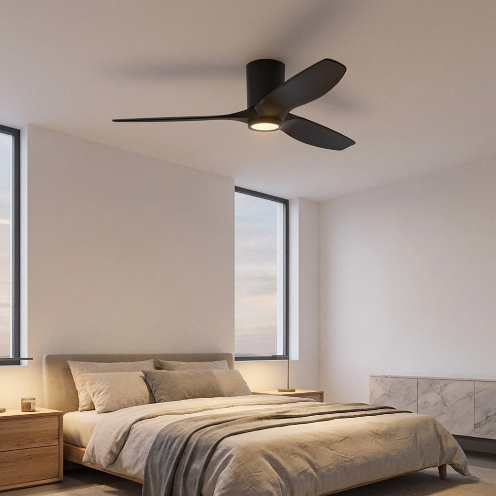 Seyra Smart Hugger LED Ceiling Fan in bedroom.