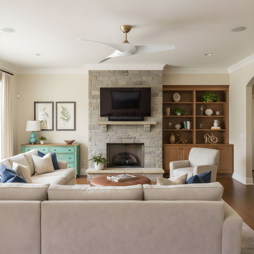 Topan Smart Outdoor LED Ceiling Fan in living room.