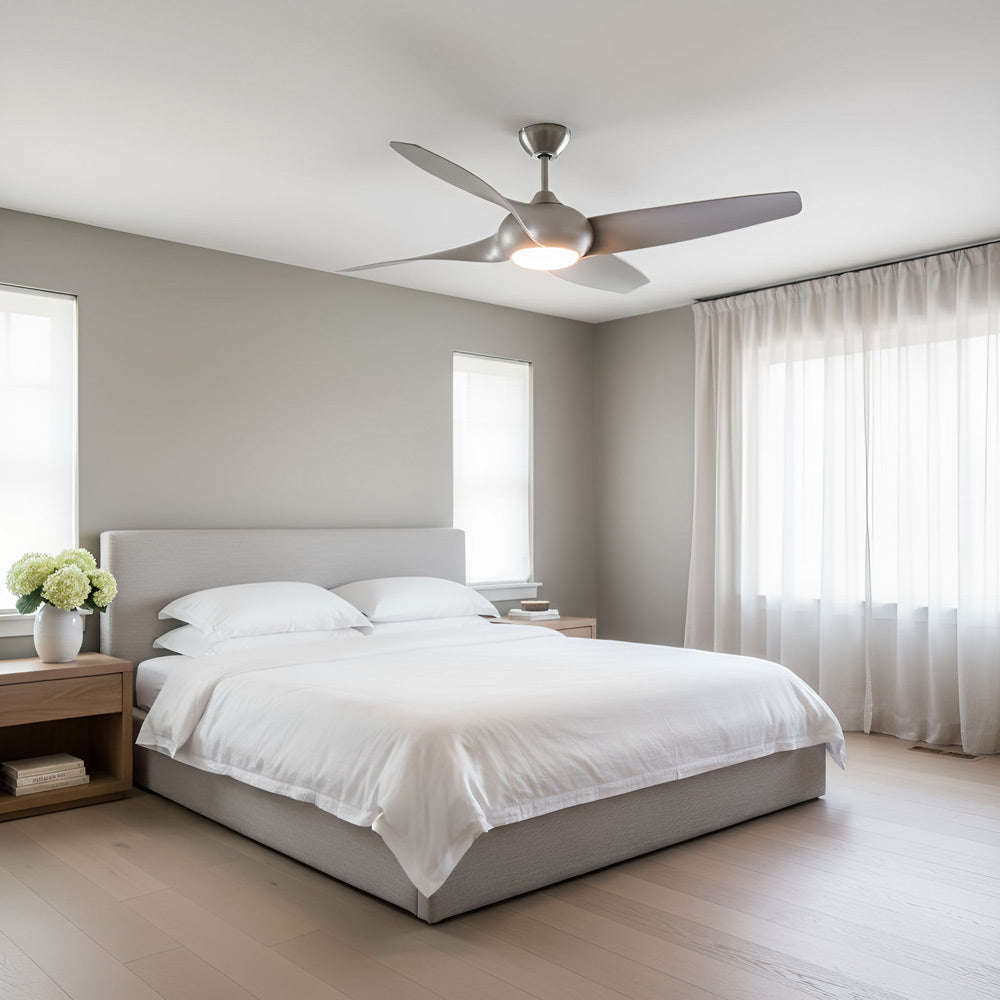 Topan Smart Outdoor LED Ceiling Fan in bedroom.