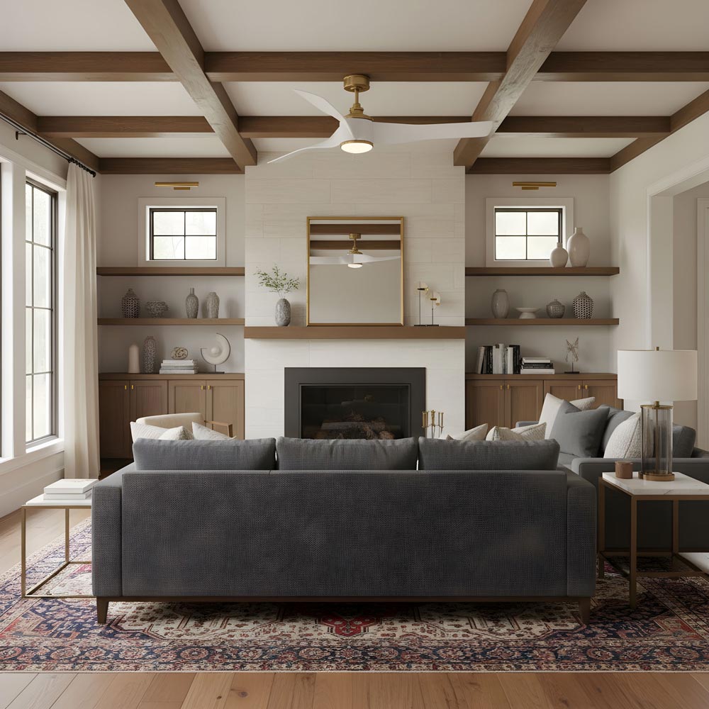 Touro Smart Outdoor LED Ceiling Fan in living room.