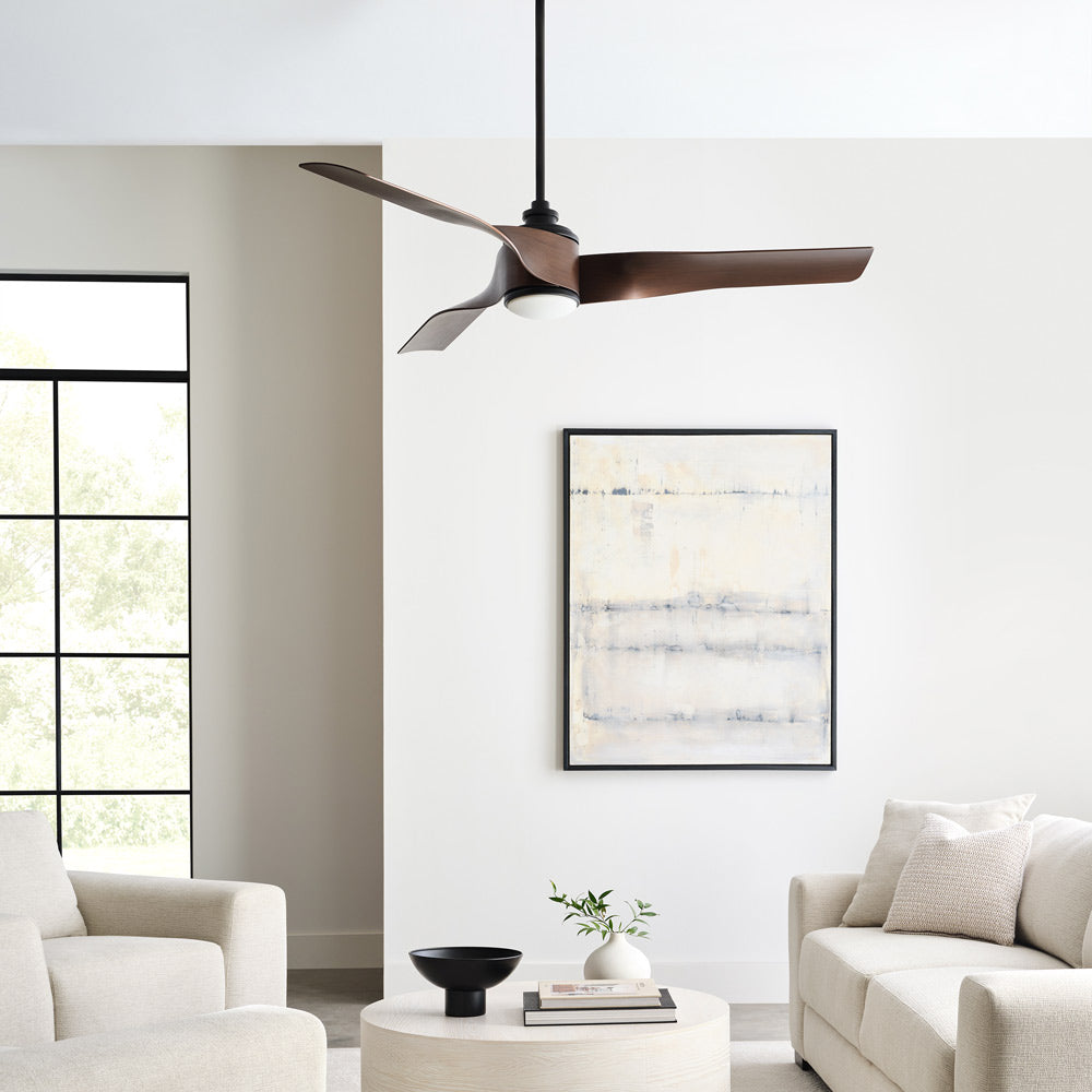 Touro Smart Outdoor LED Ceiling Fan in living room.