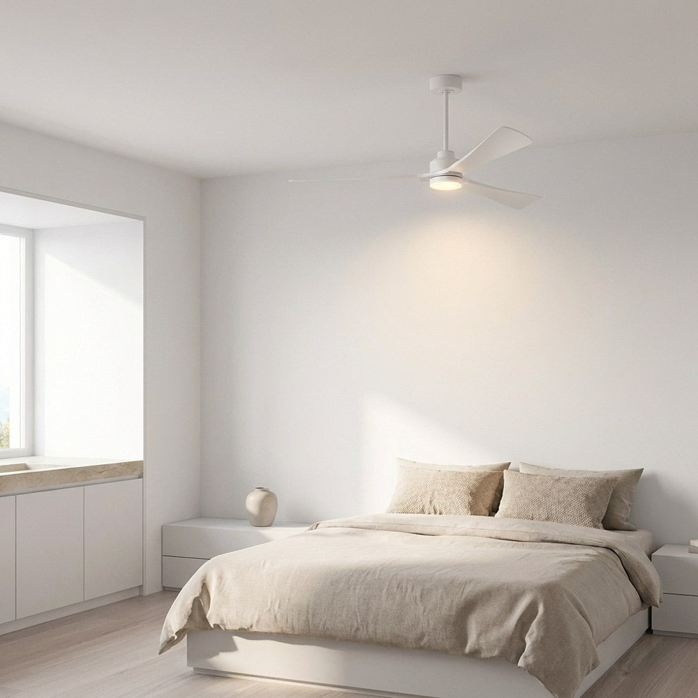 Trillium Smart LED Ceiling Fan in bedroom.