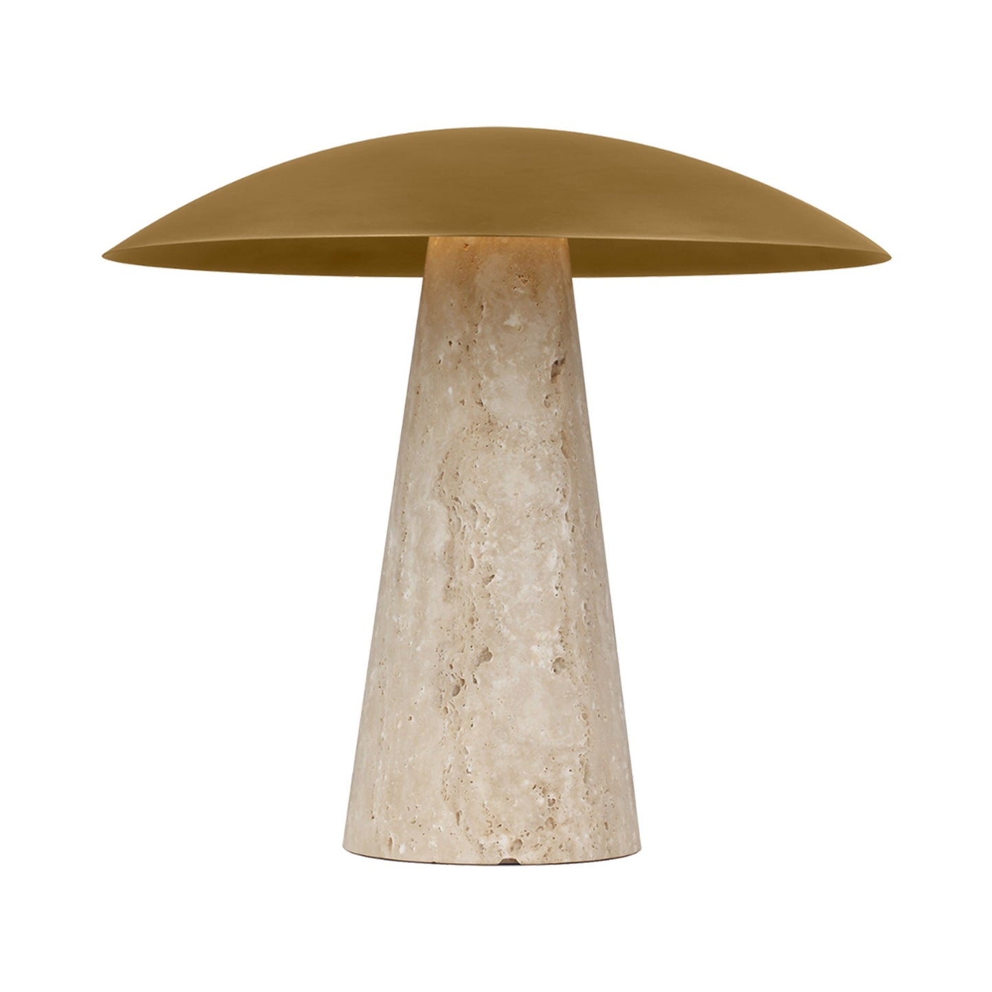 Aegis LED Table Lamp in Natural Brass/Natural Travertine.