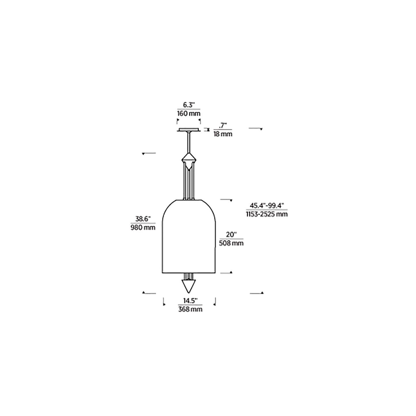 Cathedral LED Pendant Light - line drawing.