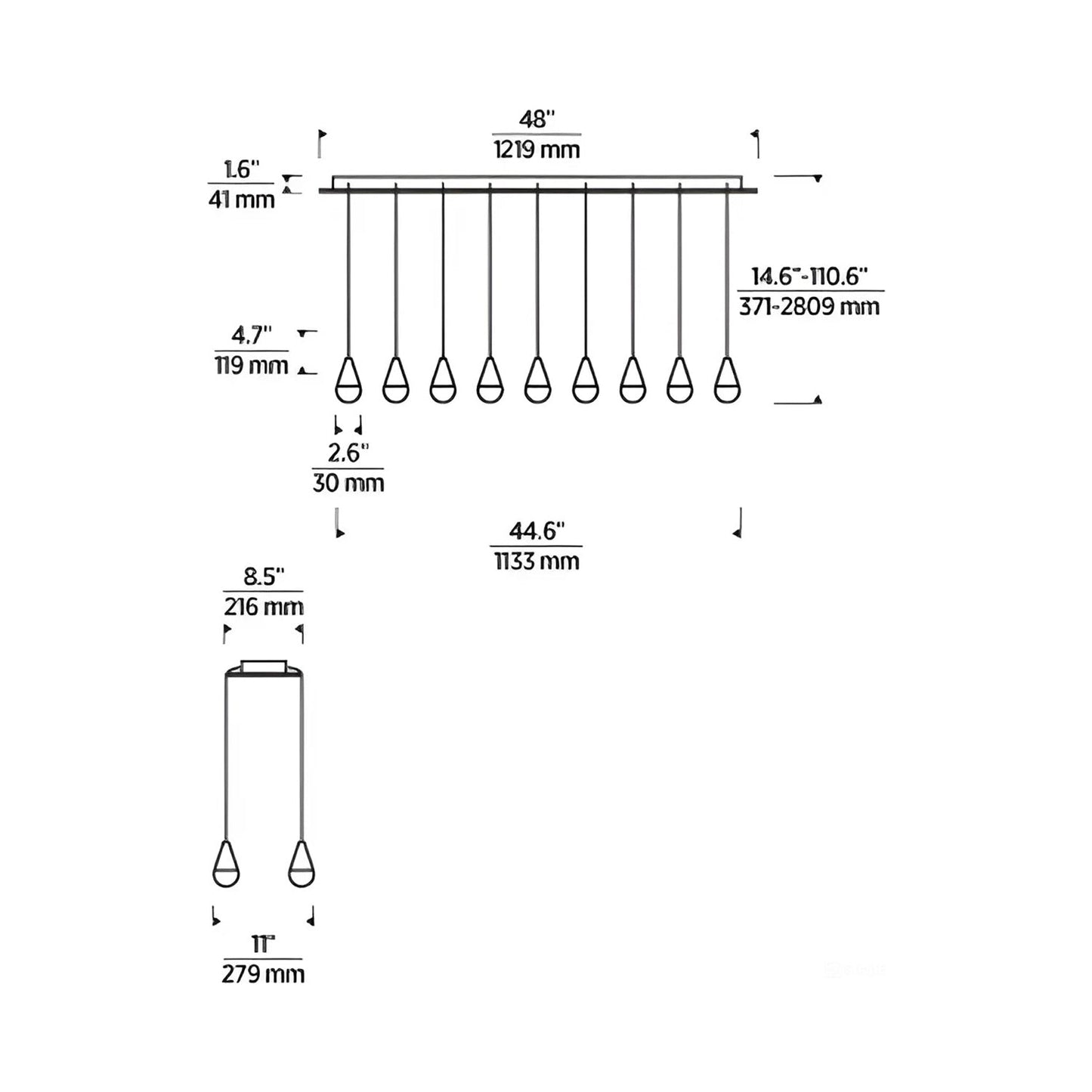 Cupola LED Linear Chandelier - line drawing.