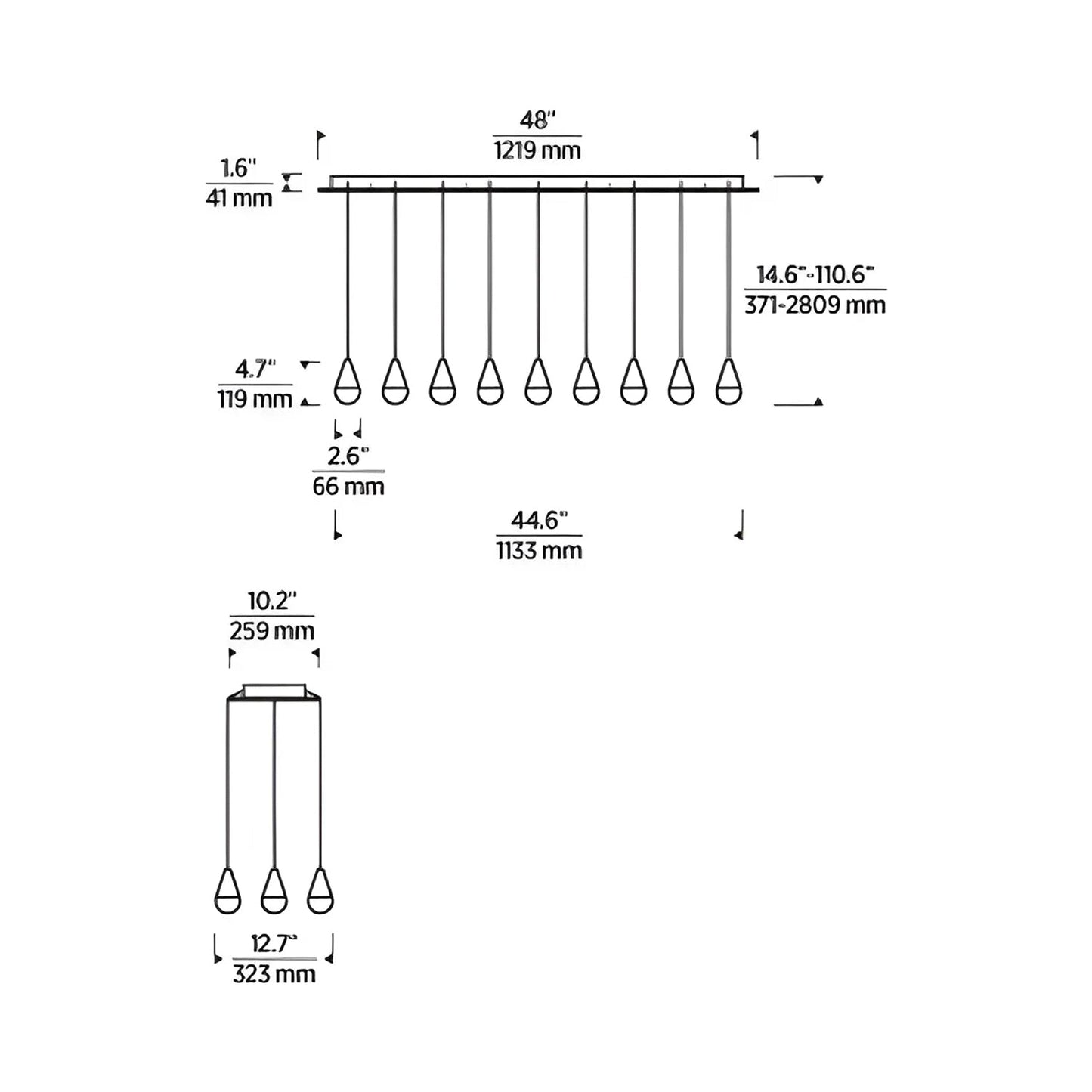 Cupola LED Linear Chandelier - line drawing.
