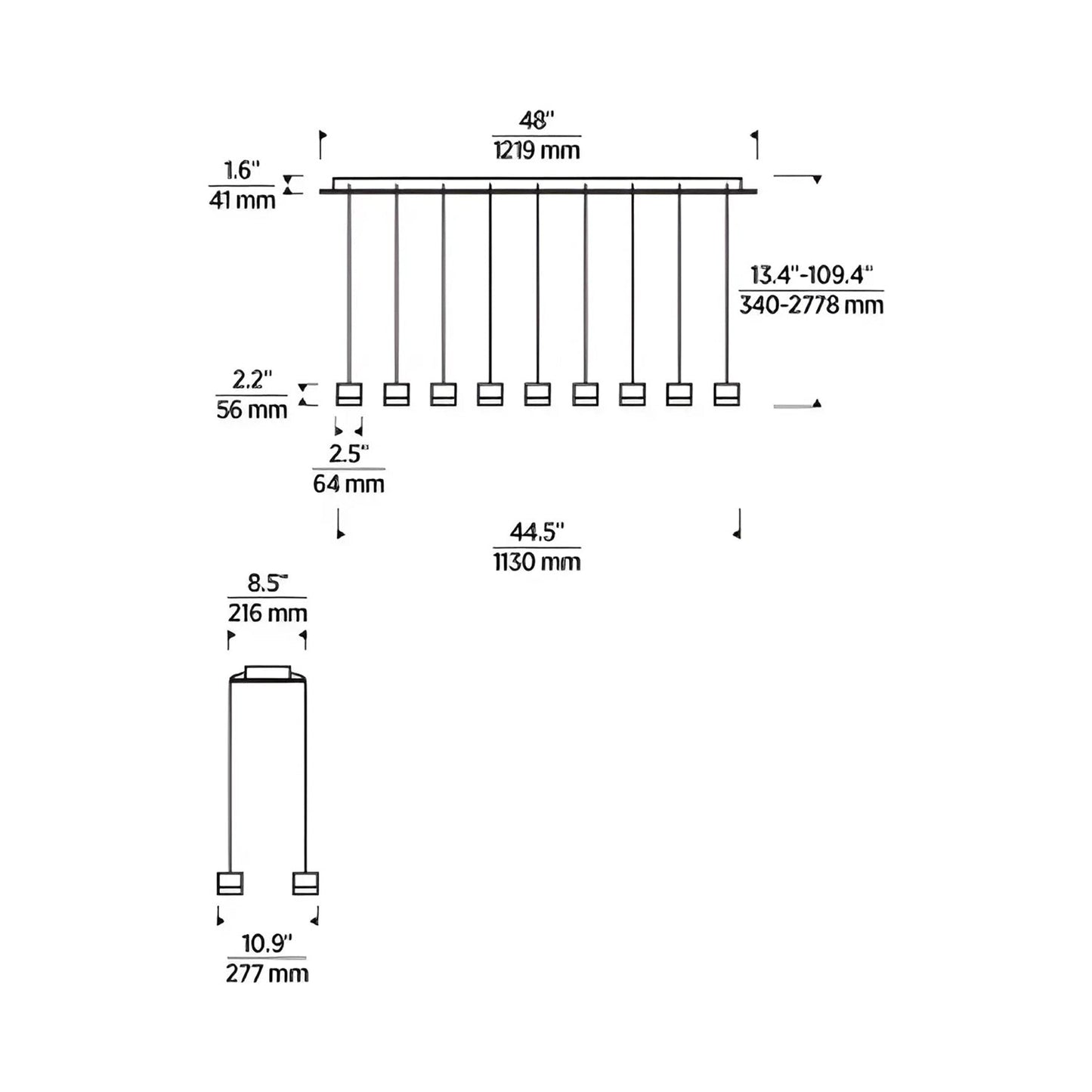 Gable LED Linear Chandelier - line drawing.