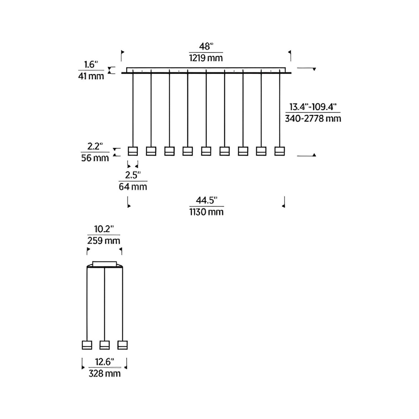 Gable LED Linear Chandelier - line drawing.