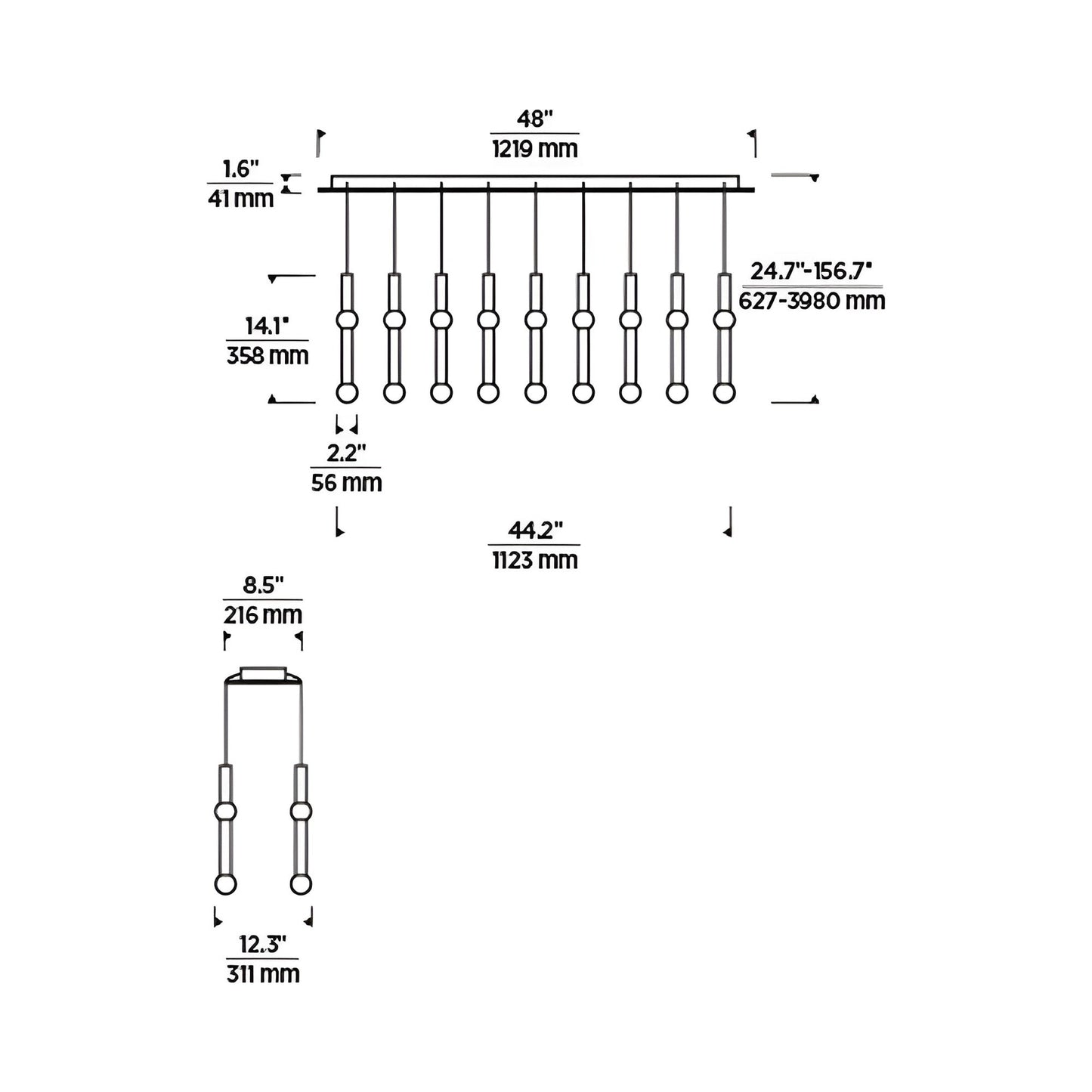 Guyed LED Chandelier - line drawing.