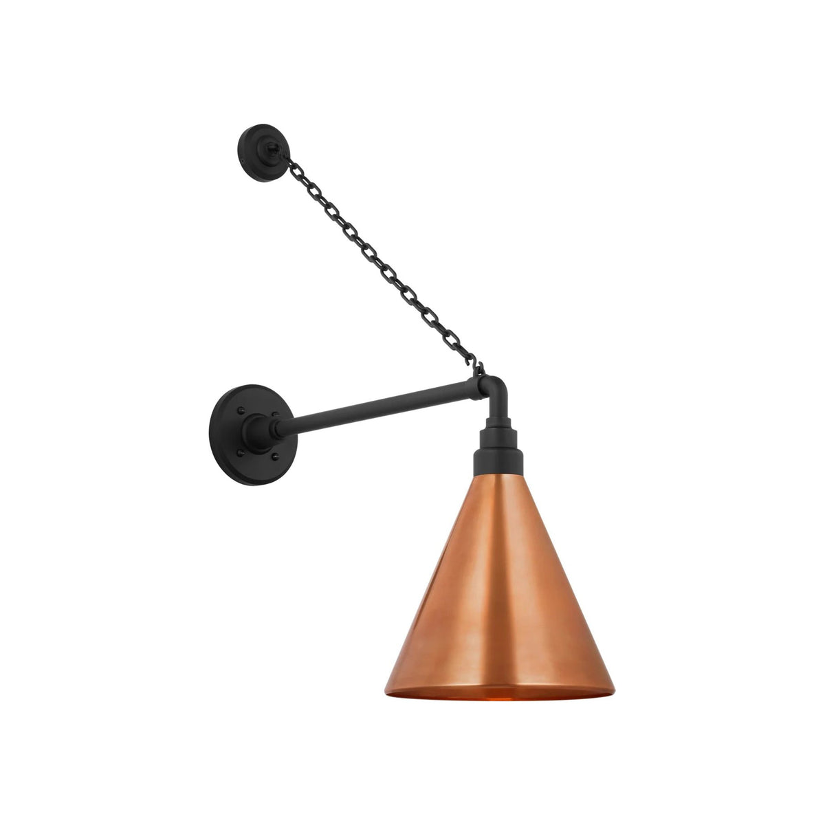 Academy Anchored Mack Barn Outdoor Wall Light in Matte Black (9-Inch Soft Copper Conical Savannah Shade).