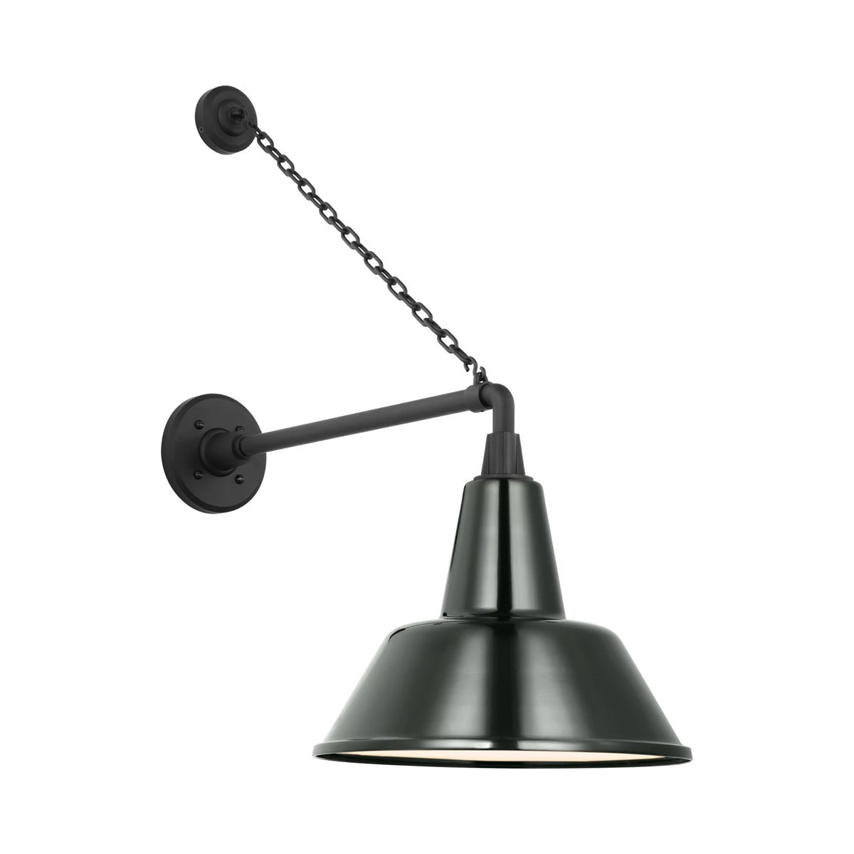Academy Anchored Mack Barn Outdoor Wall Light in Matte Black (12.5-Inch Green Bowers Shade).
