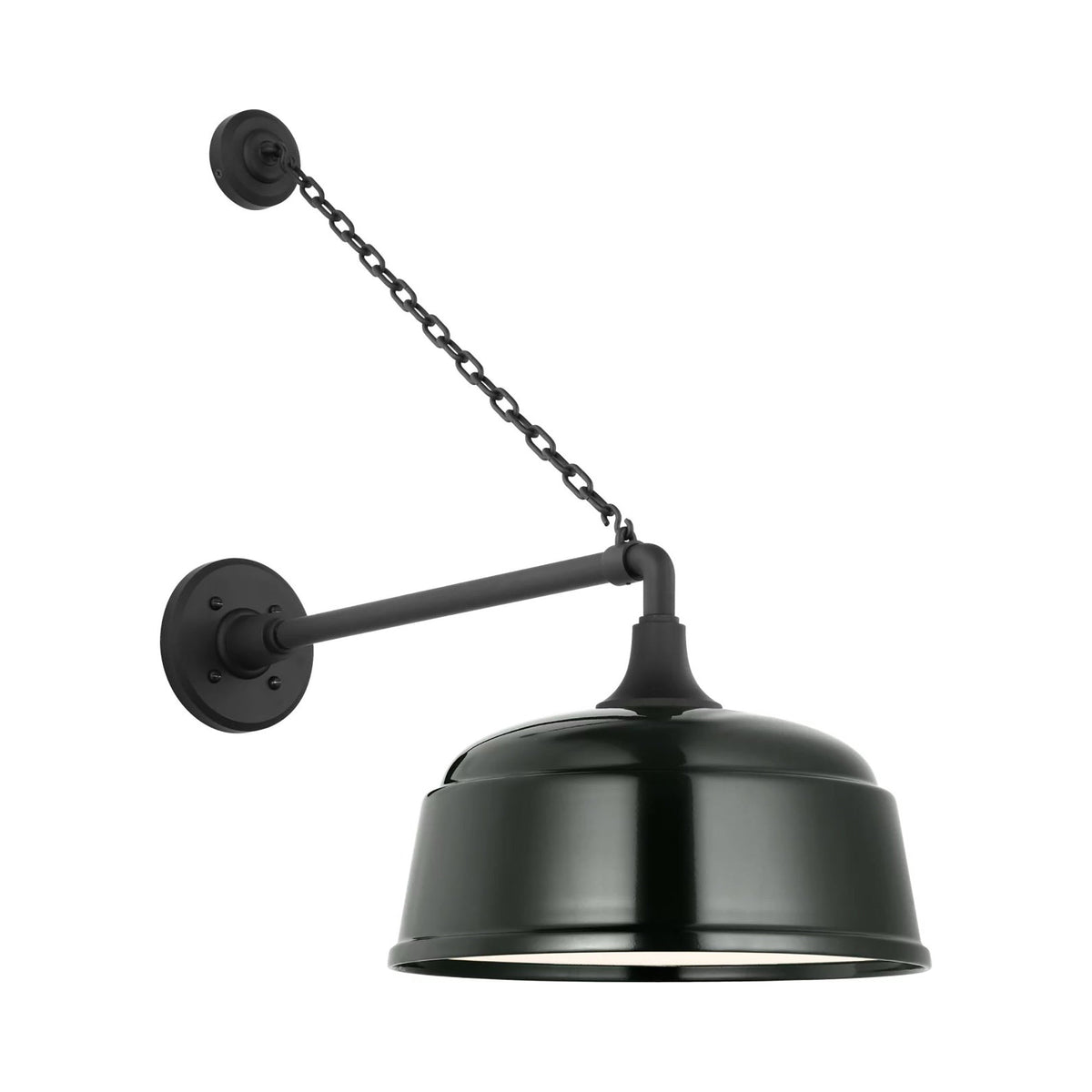 Academy Anchored Mack Barn Outdoor Wall Light in Matte Black (12.5-Inch Green Rockhouse Shade).