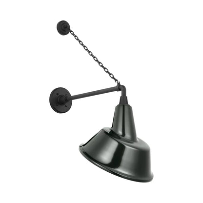Academy Anchored Mack Barn Outdoor Wall Light in Matte Black (12.5-Inch Green Tilted Bowers Shade).