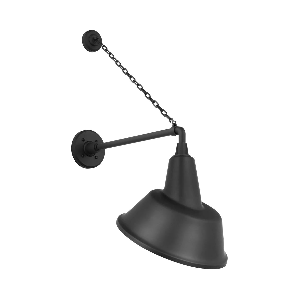 Academy Anchored Mack Barn Outdoor Wall Light in Matte Black (12.5-Inch Matte Black Tilted Bowers Shade).