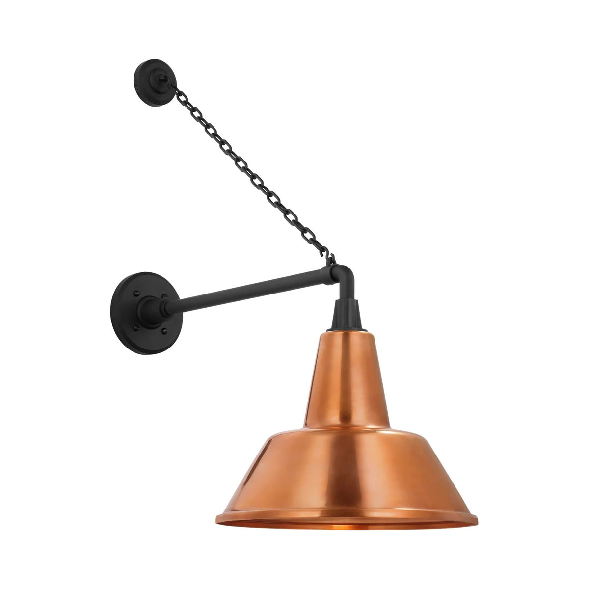 Academy Anchored Mack Barn Outdoor Wall Light in Matte Black (12.5-Inch Soft Copper Bowers Shade).