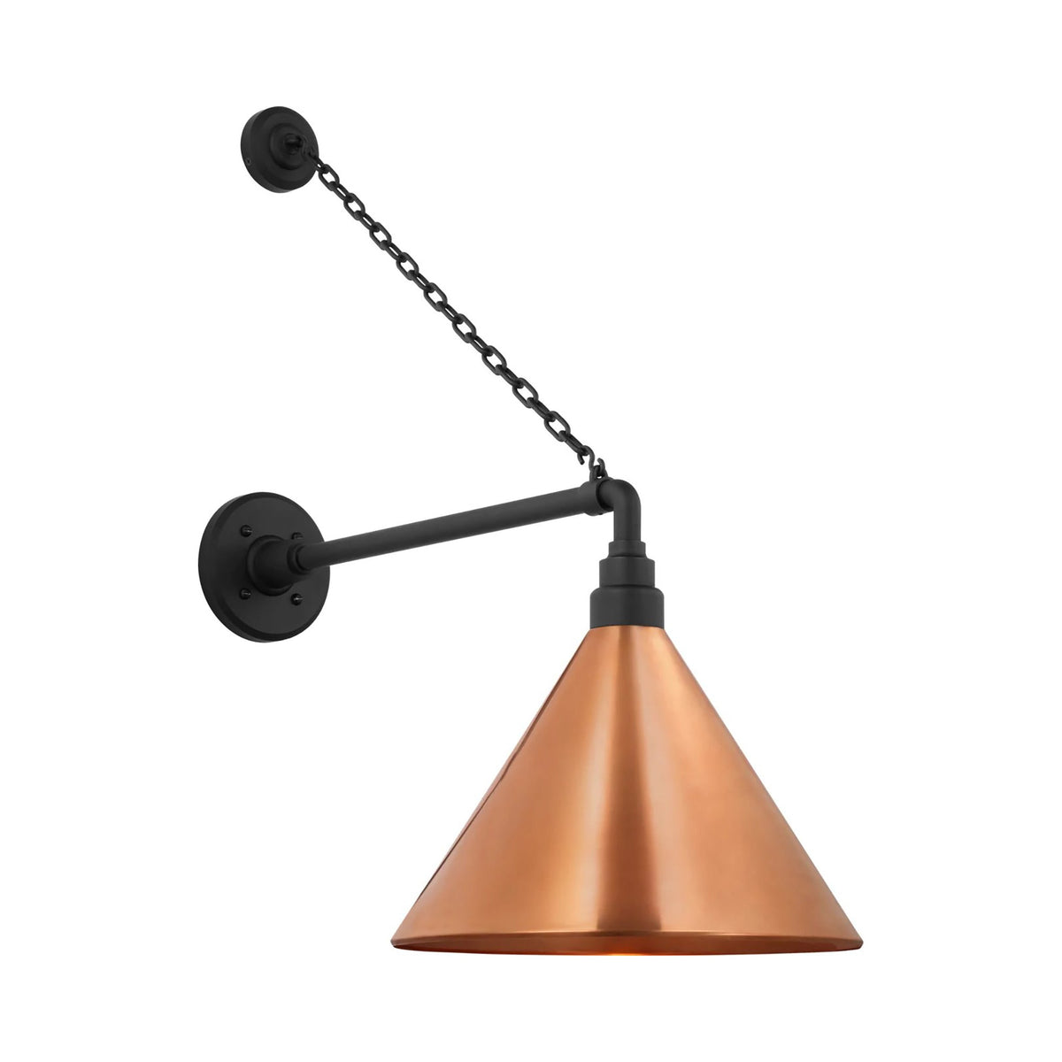 Academy Anchored Mack Barn Outdoor Wall Light in Matte Black (12.5-Inch Soft Copper Conical Savannah Shade).