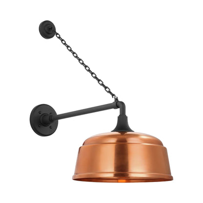 Academy Anchored Mack Barn Outdoor Wall Light in Matte Black (12.5-Inch Soft Copper Rockhouse Shade).