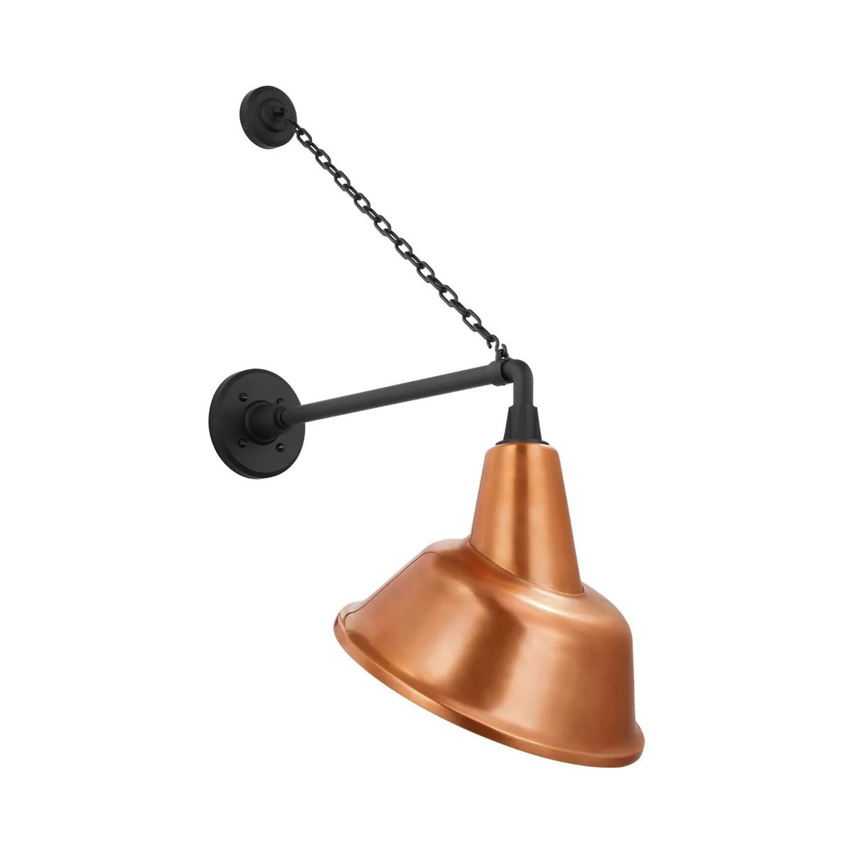 Academy Anchored Mack Barn Outdoor Wall Light in Matte Black (12.5-Inch Soft Copper Tilted Bowers Shade).