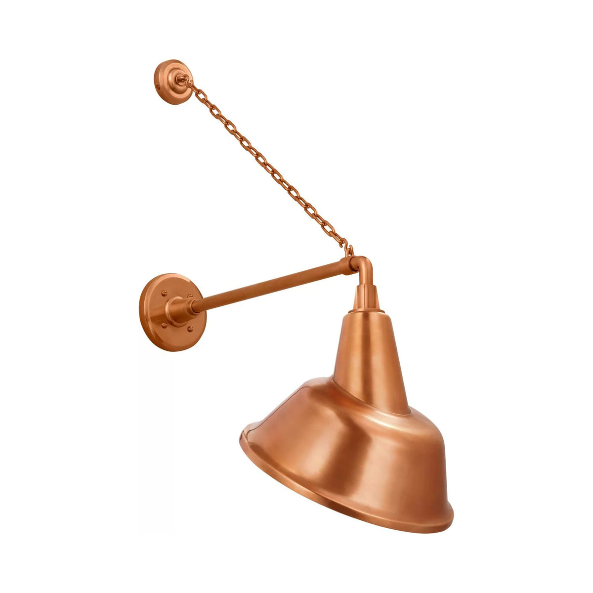 Academy Anchored Mack Barn Outdoor Wall Light in Soft Copper (12.5-Inch Soft Copper Tilted Bowers Shade).