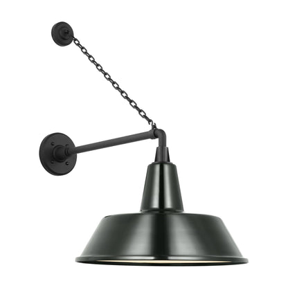 Academy Anchored Mack Barn Outdoor Wall Light in Matte Black (16-Inch Green Bowers Shade).